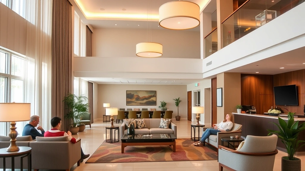 Hotel lobby or common area with comfortable seating, modern decor, warm lighting, guests relaxing in residential-style lounge space