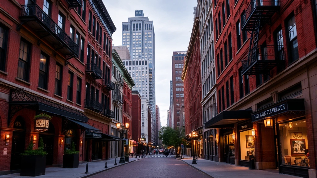 Downtown Cleveland streetscape showing historic buildings converted to boutique hotels, brick facades, pedestrian walkway, evening urban atmosphere, welcoming storefronts