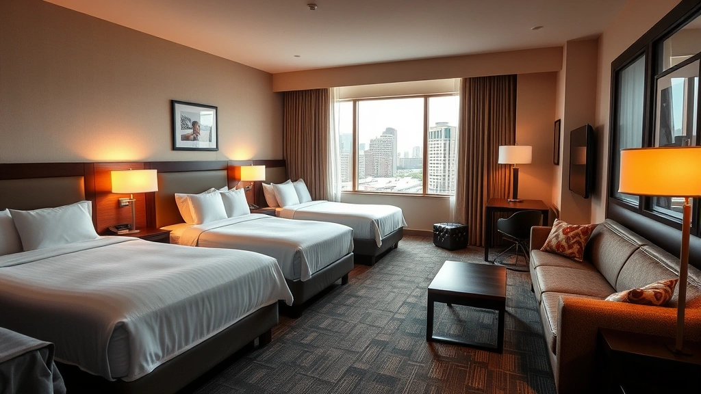 Family-friendly hotel suite with comfortable seating area, two queen beds, spacious layout, warm lighting, modern décor, view of downtown Cleveland through windows, welcoming atmosphere, professional hospitality photography, no identifying marks or text