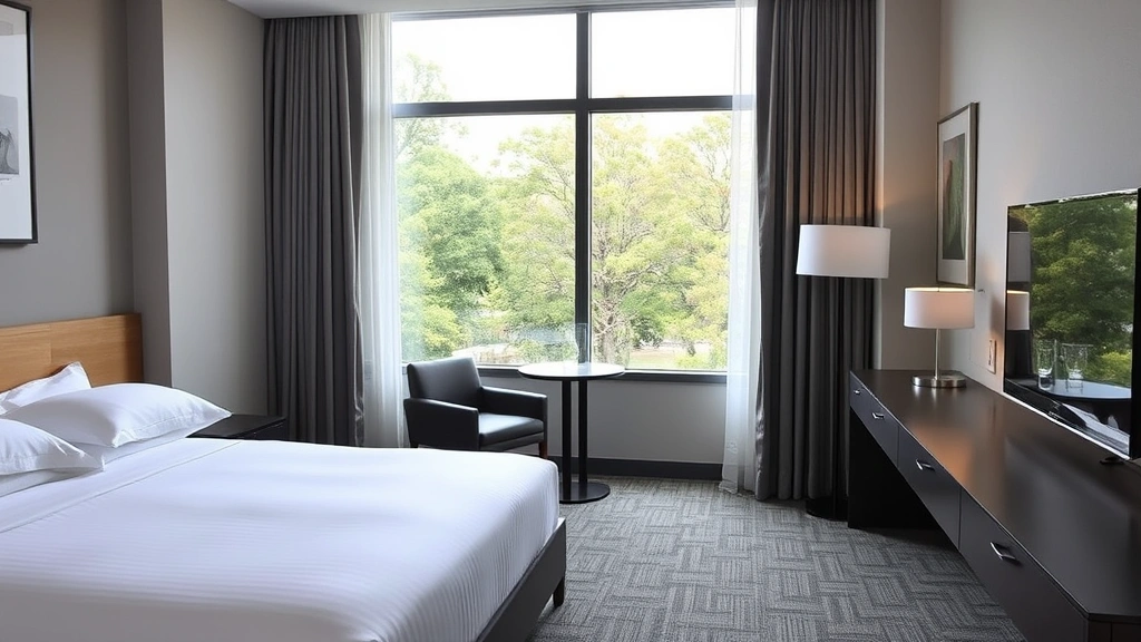 Modern hotel room with clean linens, comfortable bed, work desk, and neutral contemporary decor overlooking trees, no text or signage visible