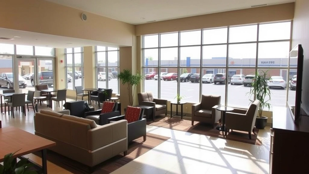Bright hotel lobby with comfortable seating area, large windows showing parking lot, modern furnishings, welcoming atmosphere, no directional signs or text
