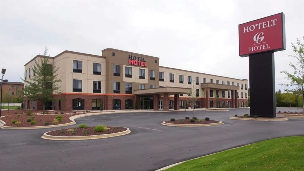 Hotel exterior showing modern building facade with landscaping, driveway area, and grounds on overcast day, no address numbers or signage readable