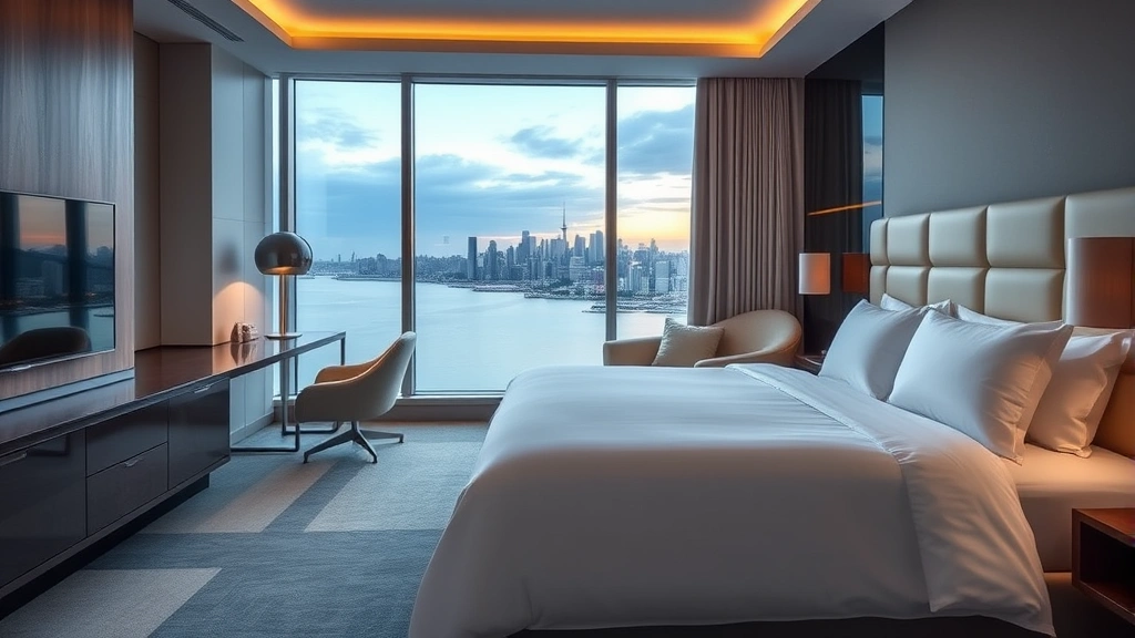 Modern hotel bedroom with clean white bedding and contemporary furnishings overlooking a lake waterfront city skyline at dusk, natural lighting, professional hospitality setting
