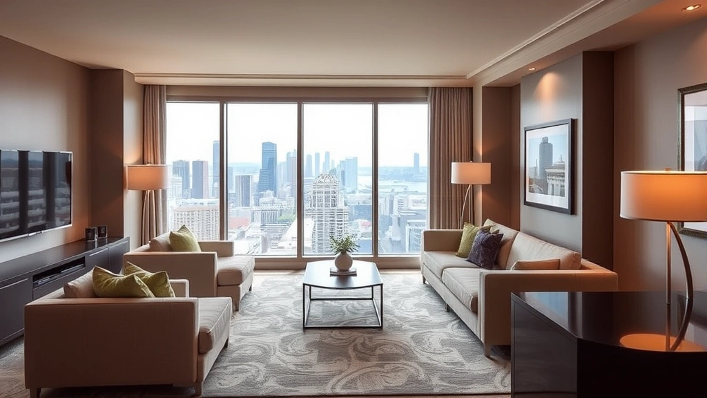 Spacious hotel suite living area with comfortable seating, floor-to-ceiling windows showing urban downtown skyline, modern decor with warm lighting, welcoming ambiance