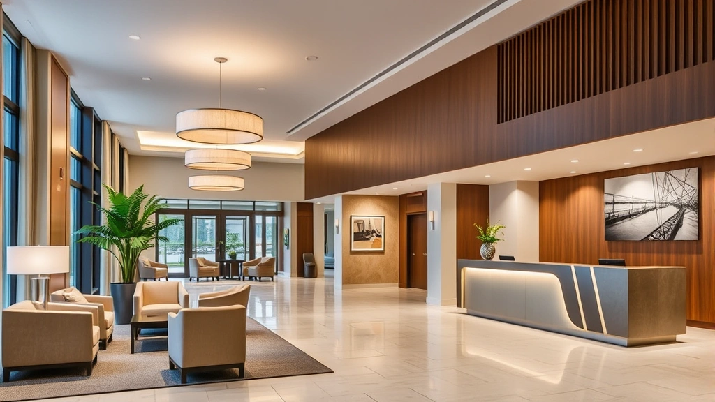 Hotel lobby entrance with contemporary design, comfortable seating areas, professional reception desk, well-lit space with modern art and neutral color palette, inviting hospitality setting