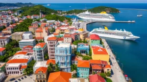 Aerial view of colorful colonial buildings in Old San Juan historic district with cruise ships visible in the harbor, vibrant architecture and tropical setting