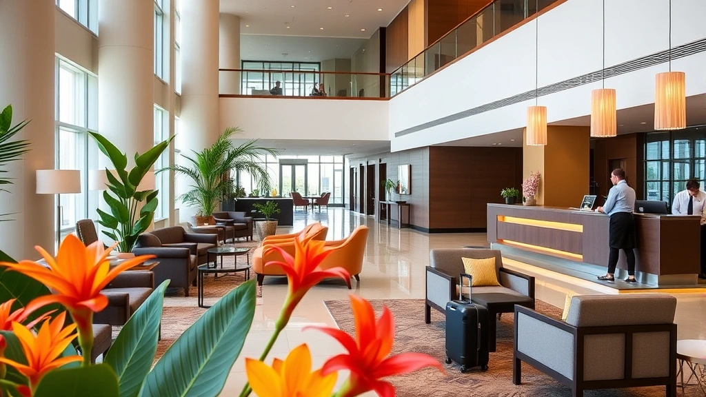 Modern hotel lobby with bright tropical flowers, comfortable seating areas, and helpful staff at concierge desk assisting guests with luggage and travel arrangements