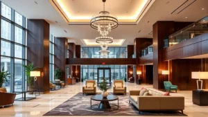Modern luxury hotel lobby in downtown New Orleans with contemporary furnishings, high ceilings, and professional atmosphere, no signage or text visible