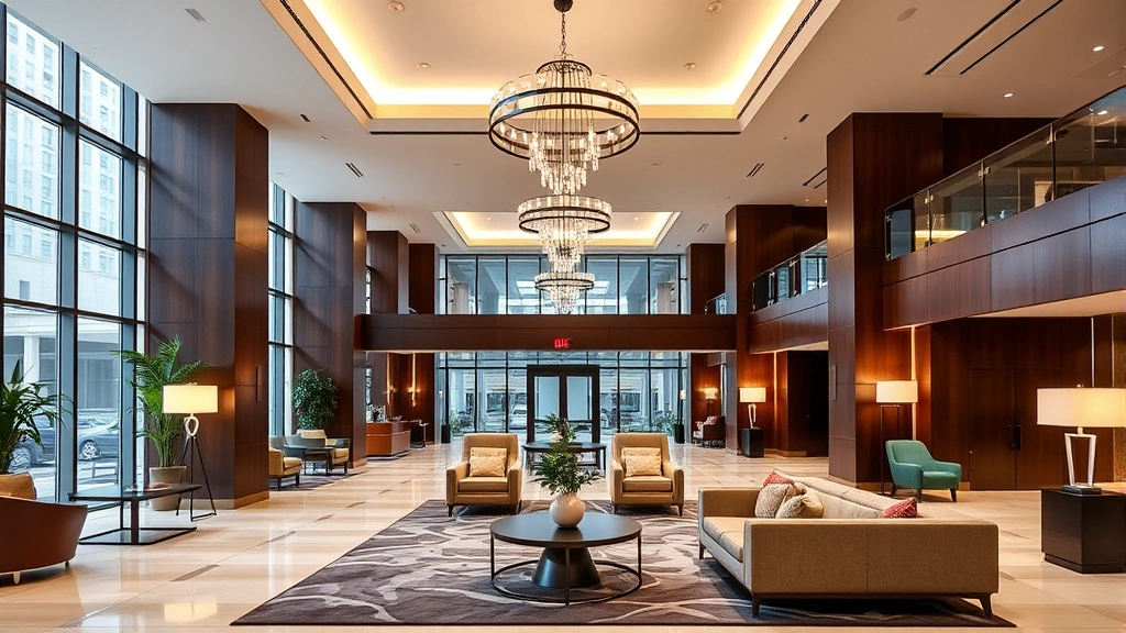 Modern luxury hotel lobby in downtown New Orleans with contemporary furnishings, high ceilings, and professional atmosphere, no signage or text visible