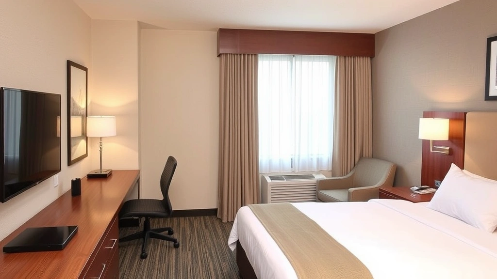 Comfortable mid-range hotel bedroom with neutral tones, queen bed, work desk, and hotel amenities, clean and inviting aesthetic