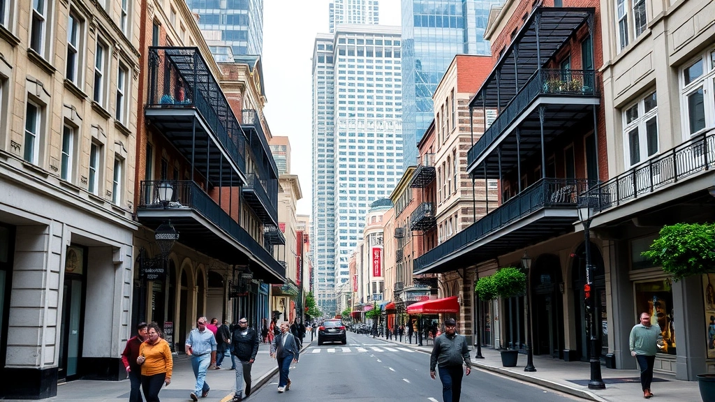 Downtown New Orleans street scene showing pedestrians walking on sidewalk with historic and modern buildings, daytime urban environment