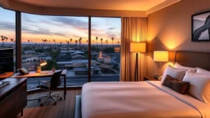 Modern hotel room with comfortable bed, desk workspace, and warm lighting overlooking suburban Orange County landscape at dusk with palm trees