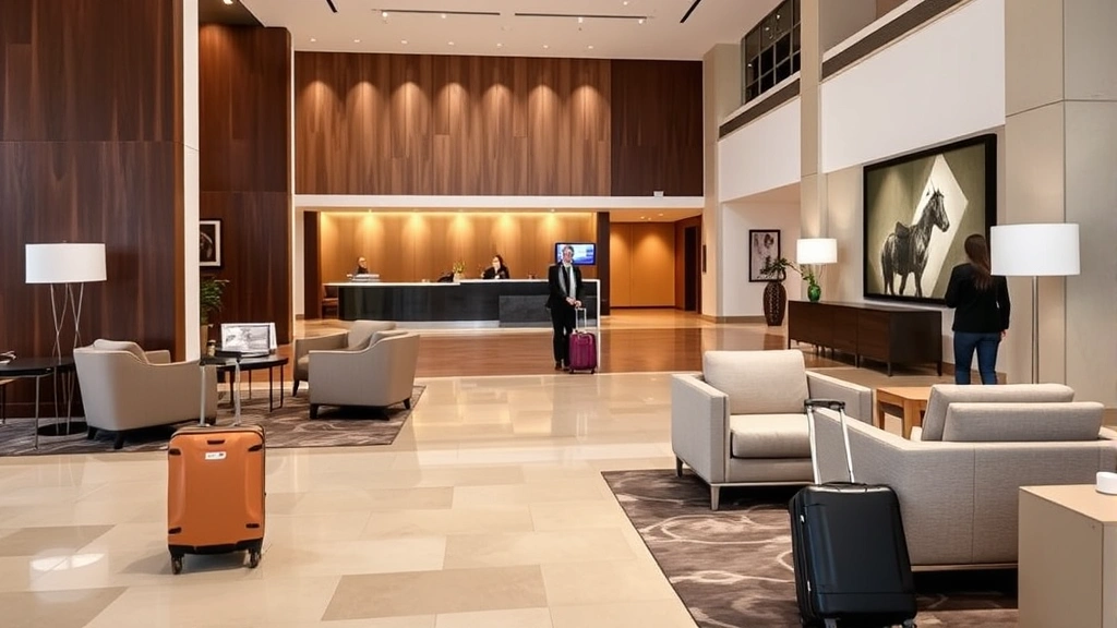 Hotel lobby with contemporary furniture, welcoming front desk area, travelers with luggage, professional business atmosphere with neutral color palette
