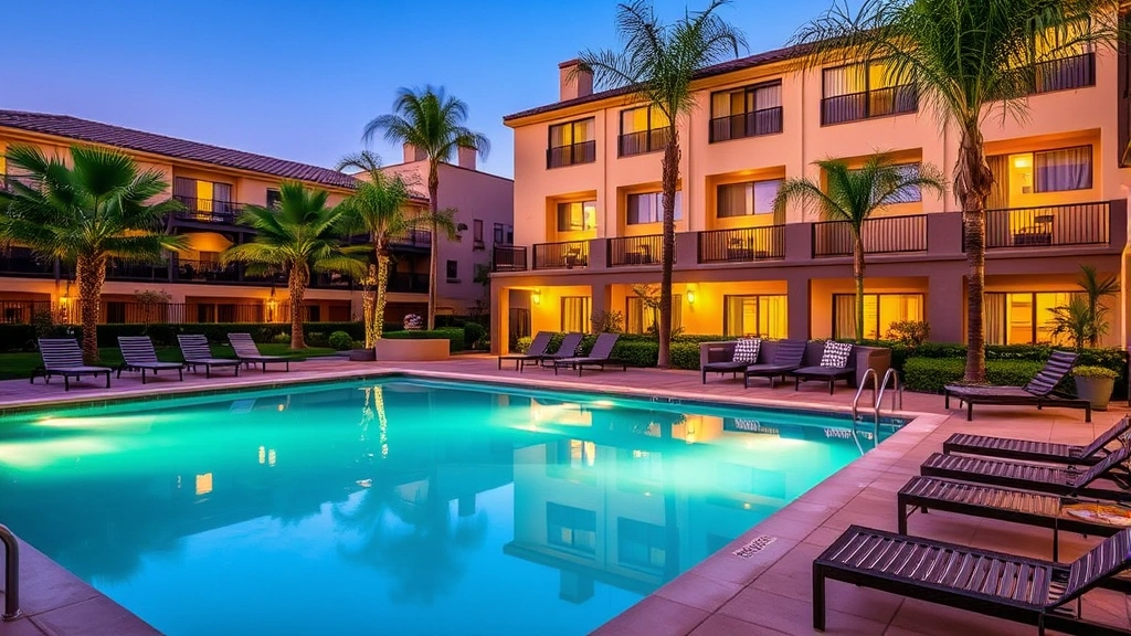 Outdoor hotel courtyard with swimming pool, lounge chairs, palm landscaping, evening lighting, residential California architecture in background