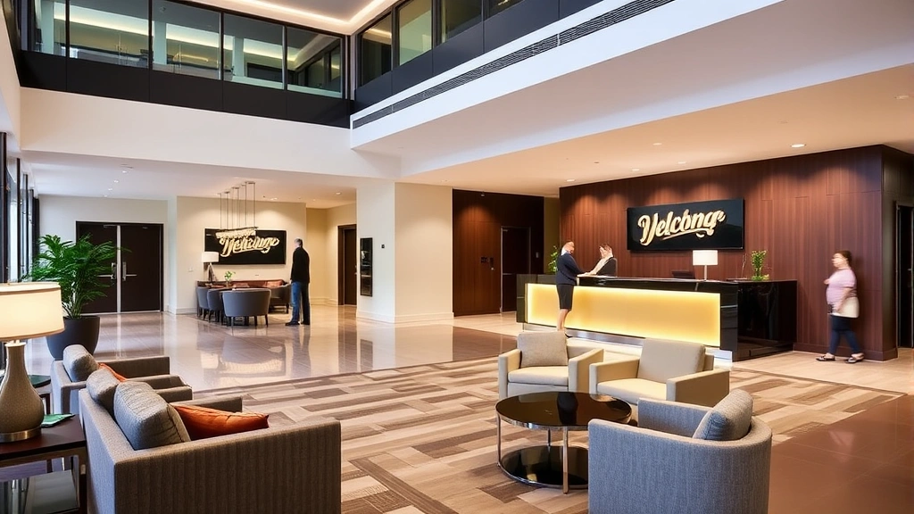 Modern hotel lobby with contemporary furniture, bright lighting, and welcoming reception desk overlooking a comfortable seating area with guests checking in