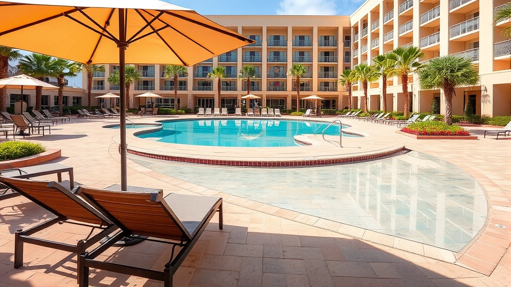Spacious hotel pool area with lounge chairs, umbrella shades, and resort-style landscaping, showing relaxation space near hotel building