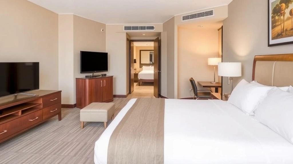 Elegant hotel room featuring premium bedding, modern furnishings, flat-screen TV, and clean contemporary bathroom visible through open doorway