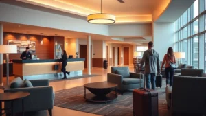 Modern hotel lobby with comfortable seating, warm lighting, and check-in desk near Syracuse airport area, guests with luggage