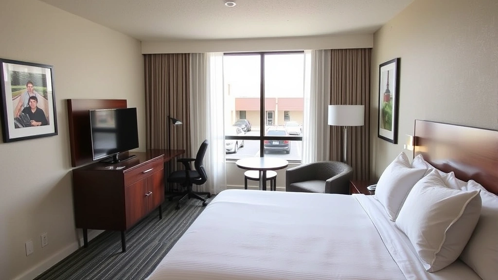Spacious hotel guest room with king bed, work desk, flat-screen TV, and clean contemporary furnishings overlooking parking area