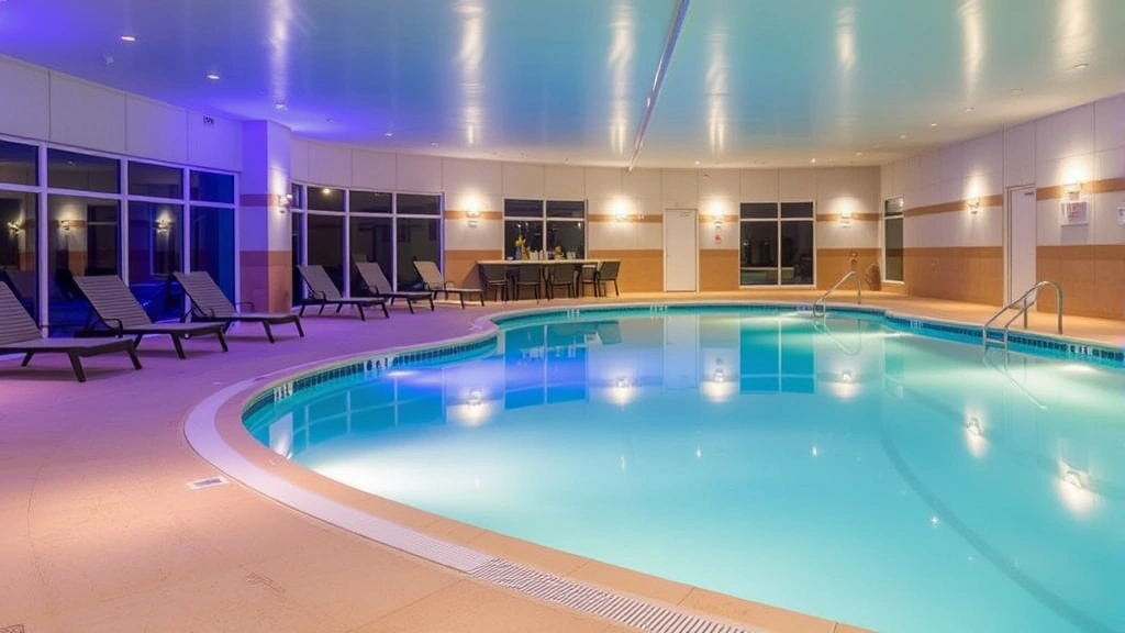 Hotel indoor pool area with comfortable lounge chairs, ambient lighting, and clean water, family-friendly atmosphere