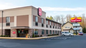 Modern budget hotel exterior with welcoming entrance, professional signage, and clean parking area near residential neighborhood in upstate New York, daytime photography with clear sky