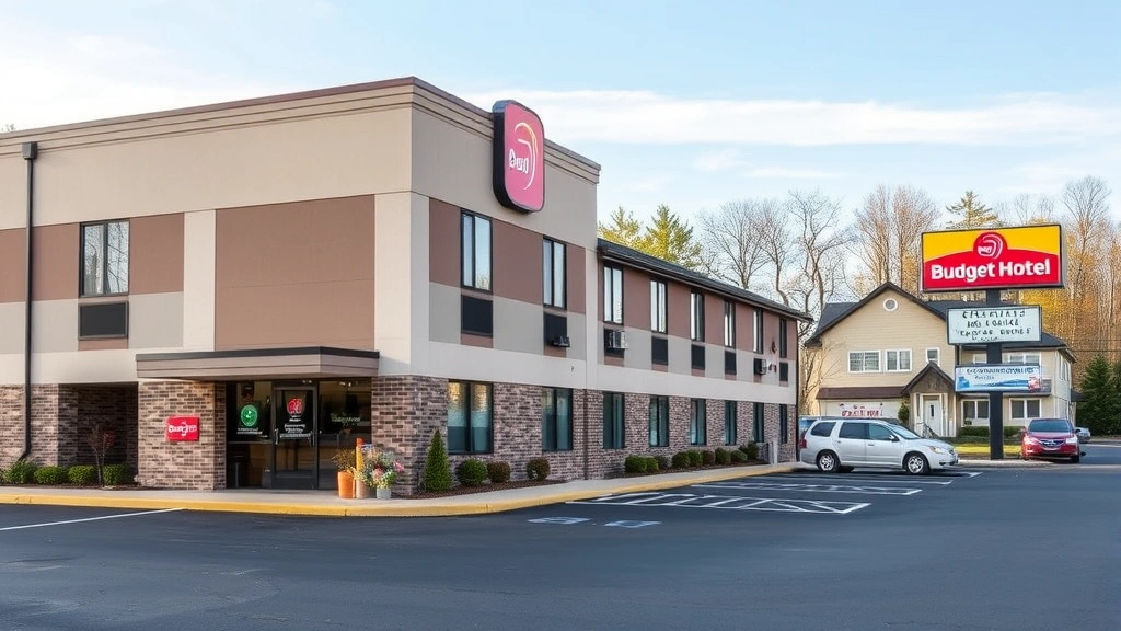 Modern budget hotel exterior with welcoming entrance, professional signage, and clean parking area near residential neighborhood in upstate New York, daytime photography with clear sky
