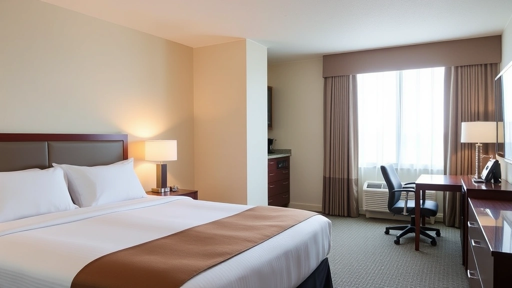 Comfortable hotel room interior showing queen bed with fresh linens, work desk with lamp, small kitchenette corner, and open window with natural light, neutral color palette