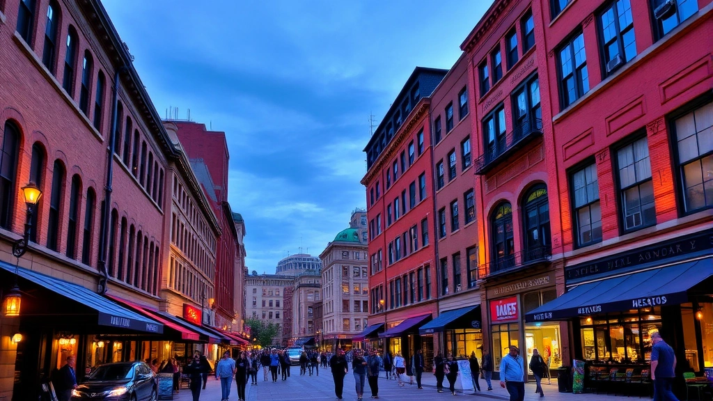 Busy downtown Syracuse Armory Square area showing historic brick buildings, street-level restaurants and cafes, pedestrians walking, evening lighting, vibrant urban atmosphere