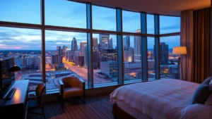 Modern hotel room overlooking Minneapolis downtown skyline at dusk, with city lights reflecting off windows, contemporary furniture and minimalist decor, warm ambient lighting