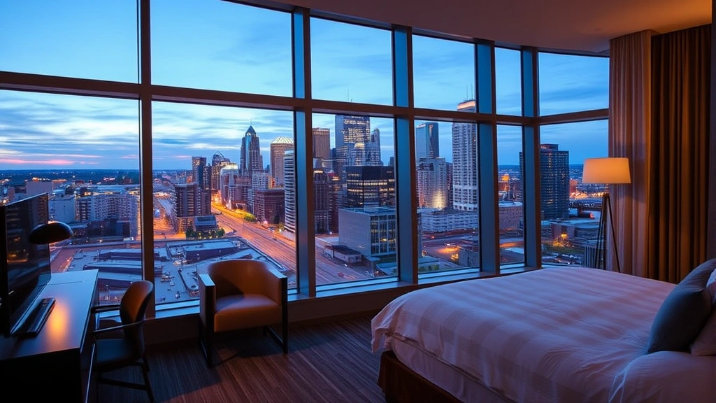 Modern hotel room overlooking Minneapolis downtown skyline at dusk, with city lights reflecting off windows, contemporary furniture and minimalist decor, warm ambient lighting