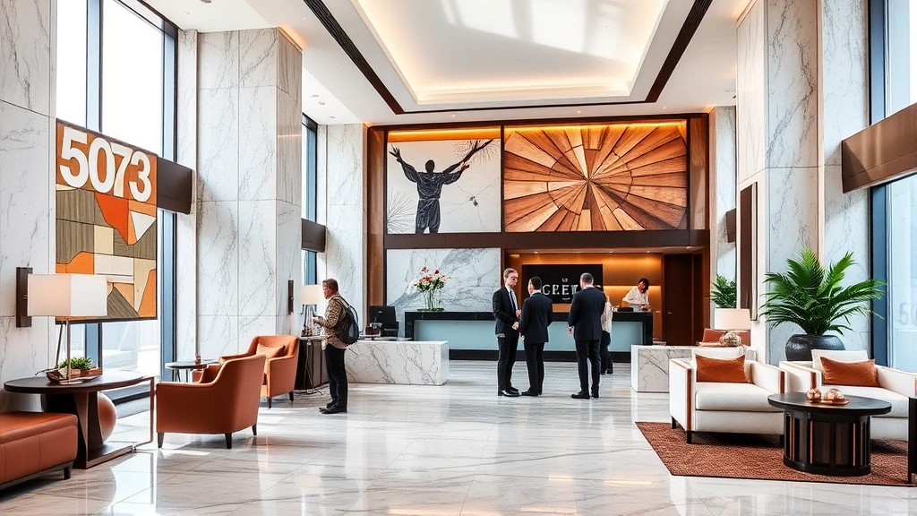 Upscale hotel lobby with marble flooring and elegant furnishings, guests checking in at concierge desk, contemporary art on walls, bright natural light from large windows