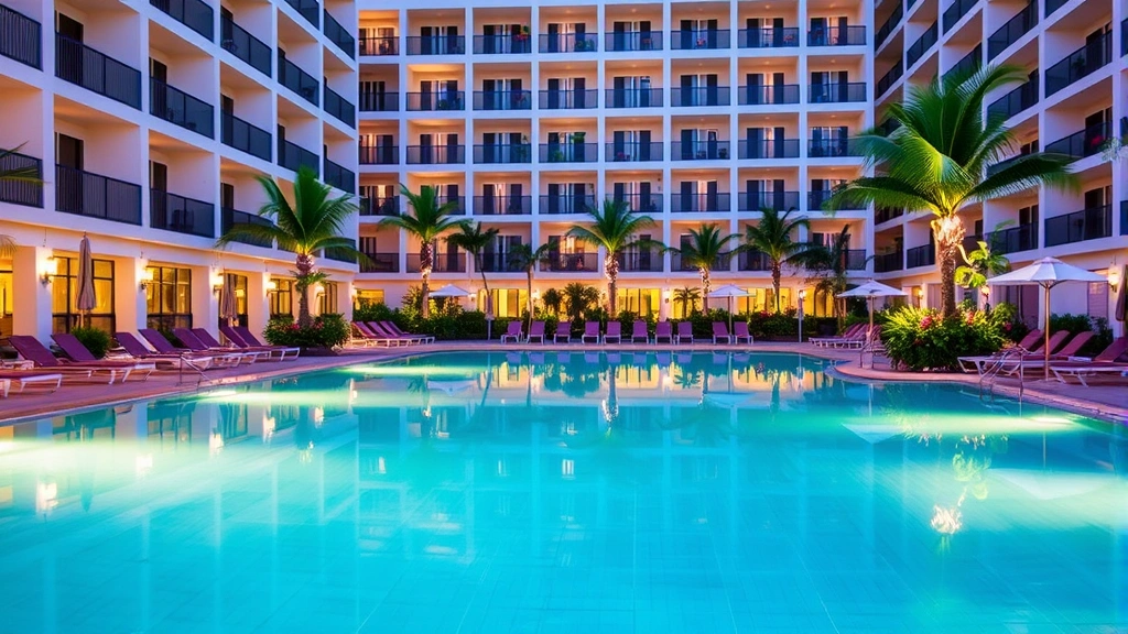 Comfortable hotel pool area with lounge chairs, tropical plants, and ambient lighting, nobody in the scene, clean water and modern tile work, relaxing resort atmosphere