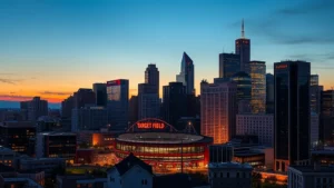Modern downtown Minneapolis skyline at dusk with Target Field baseball stadium visible among tall buildings, urban landscape, residential and commercial architecture, evening city lights