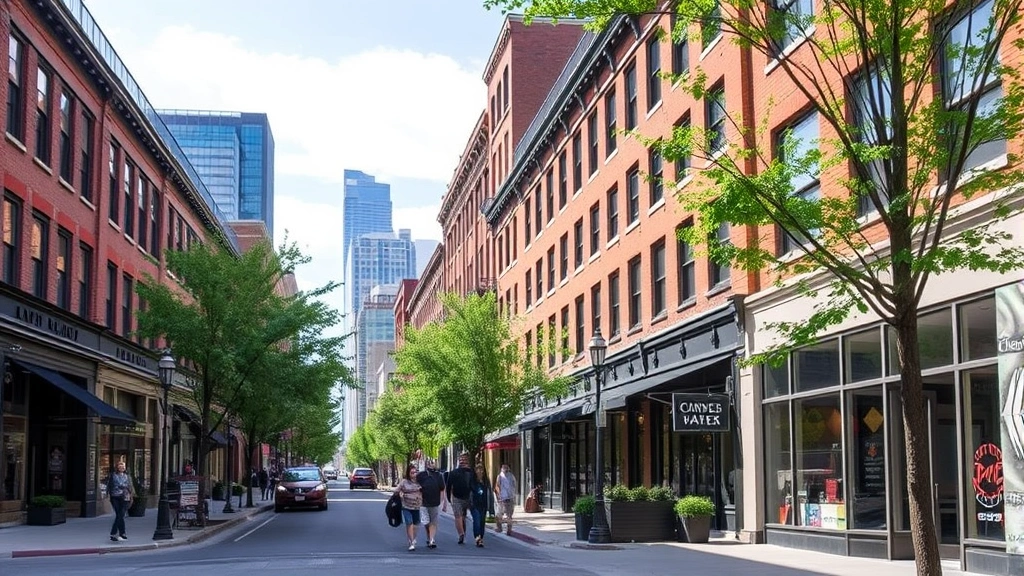 North Loop neighborhood street scene with renovated loft buildings, pedestrians walking, restaurants and shops, tree-lined sidewalk, urban residential character, daytime
