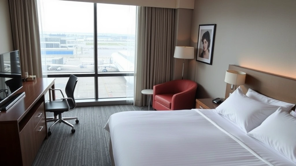 Modern airport hotel room with comfortable bed, work desk, and clean contemporary furnishings overlooking airport grounds, natural daylight through large window, professional business traveler aesthetic, no visible text or signage