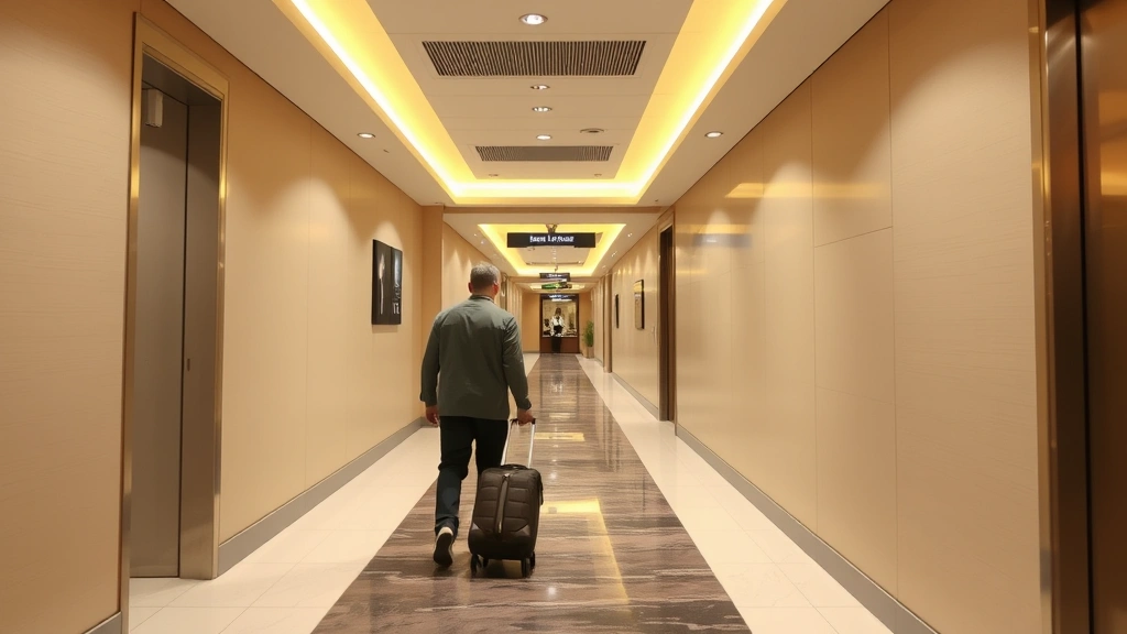 Clean airport hotel hallway with neutral beige tones, professional lighting, guest walking with luggage toward room, modern décor, welcoming atmosphere, no room numbers or identifying text visible