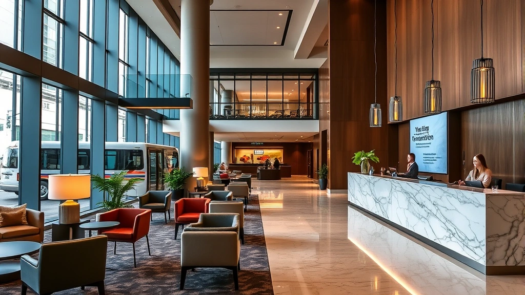 Modern hotel lobby near urban transit station with contemporary seating, warm lighting, and guests checking in at marble reception desk