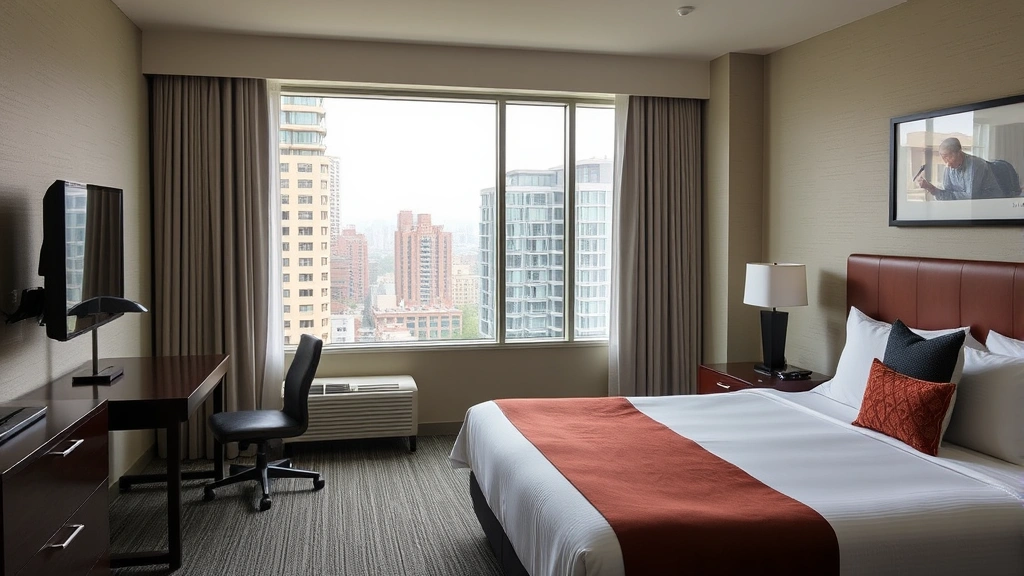 Comfortable hotel room with queen bed, desk workspace, neutral décor, large window overlooking city neighborhood with natural daylight