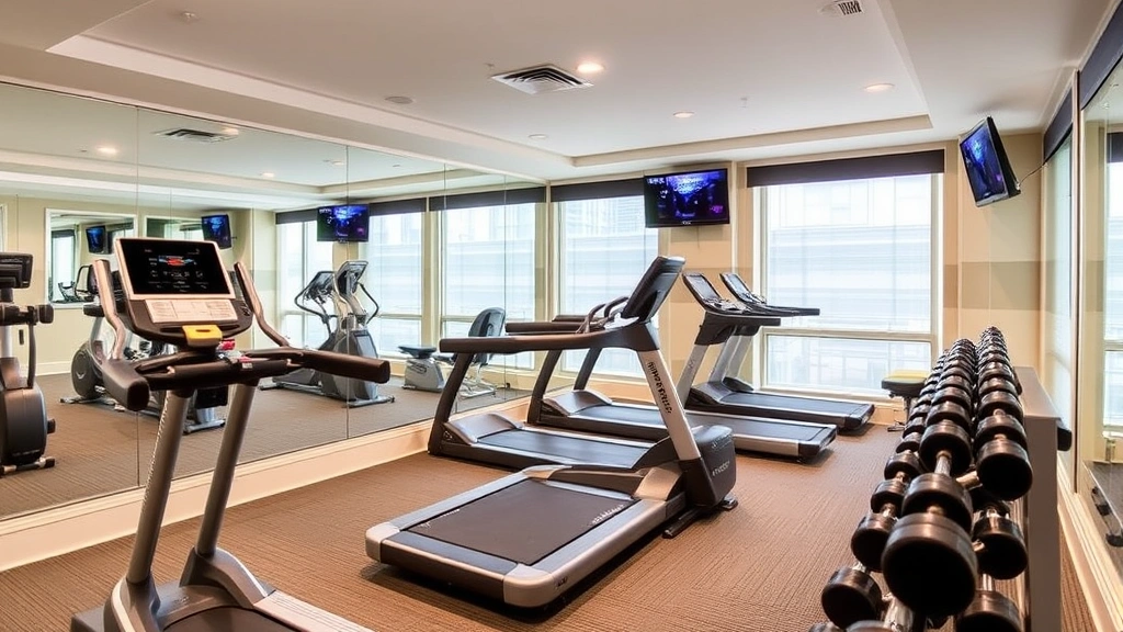 Hotel fitness center with cardio equipment, free weights, mirrors, and bright clean environment with professional gym setup