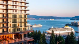 Modern hotel exterior overlooking Vancouver harbor with cruise ships visible in background, waterfront cityscape, professional photography, daytime