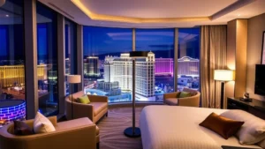 Luxurious modern hotel suite interior with floor-to-ceiling windows overlooking Las Vegas Strip at night, contemporary furnishings, bright ambient lighting reflecting city skyline