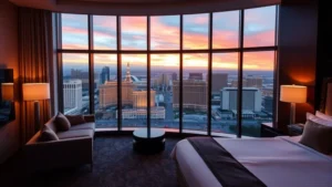 Luxurious modern hotel suite with contemporary furnishings, floor-to-ceiling windows overlooking Las Vegas Strip at sunset, elegant sofa and king bed visible, warm ambient lighting