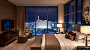 Luxurious modern hotel suite with elegant furnishings, floor-to-ceiling windows overlooking Las Vegas cityscape at night, plush bedding and contemporary décor