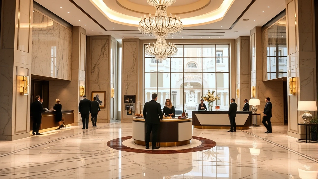 Upscale hotel lobby with elegant marble flooring, crystal chandeliers, contemporary reception desk, guests checking in, sophisticated interior design with neutral tones