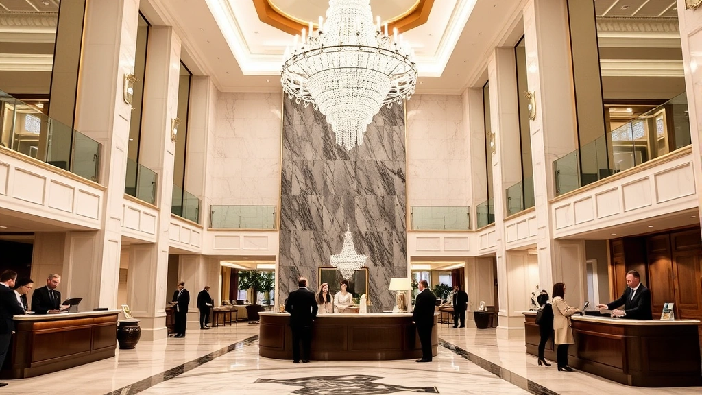Upscale hotel lobby with high ceilings, marble floors, crystal chandeliers, and guests checking in at concierge desk, sophisticated and welcoming atmosphere
