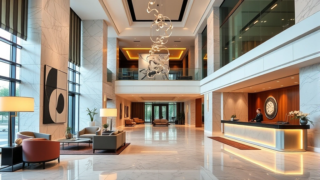 Contemporary hotel lobby featuring marble flooring, modern art installations, high ceilings, elegant furniture, and welcoming reception desk with warm lighting