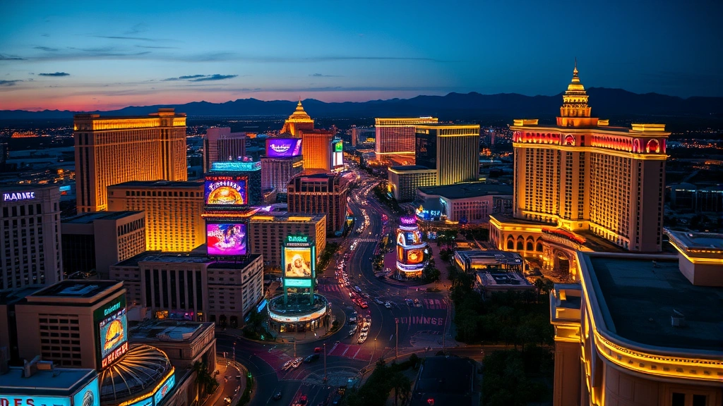 Aerial view of Las Vegas Strip at dusk with illuminated casino hotels, bright neon lights reflecting off glass buildings, urban landscape with palm trees