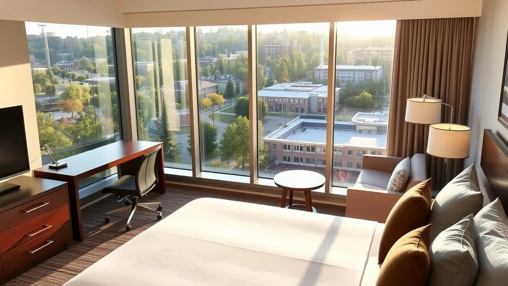 Modern hotel room interior with bed, desk, and comfortable seating overlooking a college campus town landscape with trees and buildings in soft afternoon light