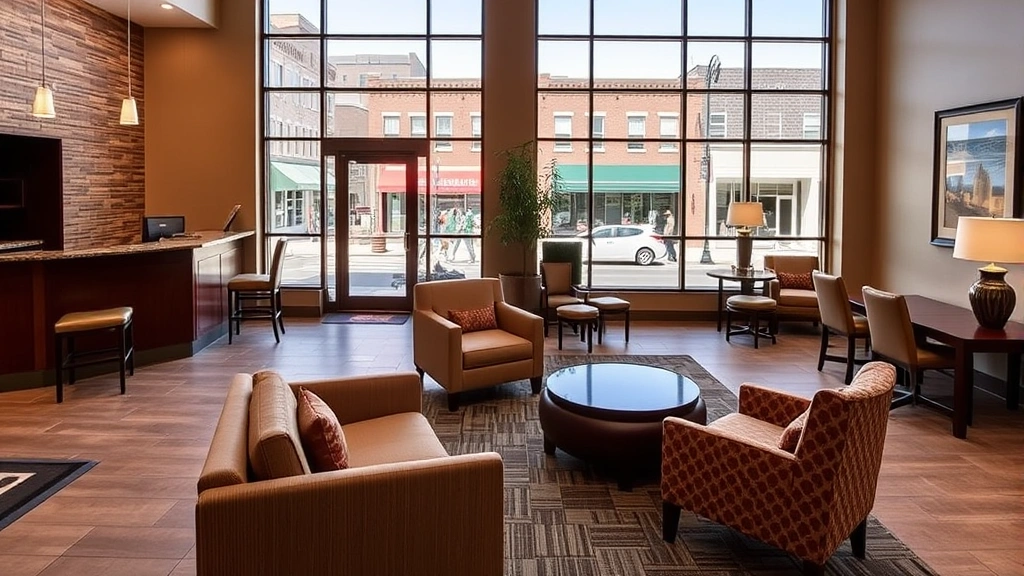 Welcoming hotel lobby with comfortable seating areas, reception desk, and large windows showing a view of downtown Blacksburg main street with shops and pedestrians