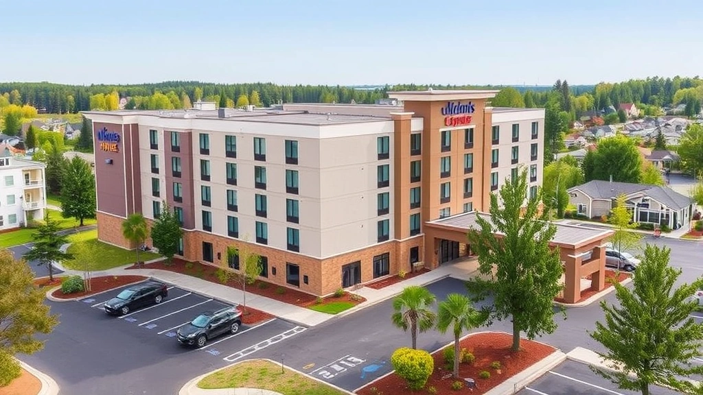 Contemporary hotel exterior featuring multi-story building with clean architecture, landscaped grounds, and parking area, surrounded by trees and residential area